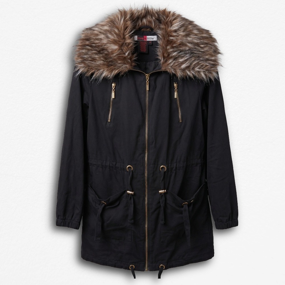 Live a Little Black Faux Fur Collar Utility Parka Jacket Y2K Medium Coat